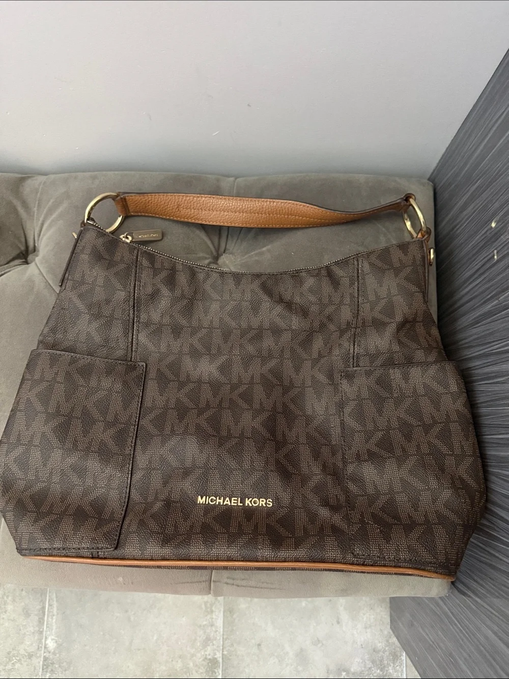 Michael Kors Brown Logo Shoulder Bag with Tan Strap